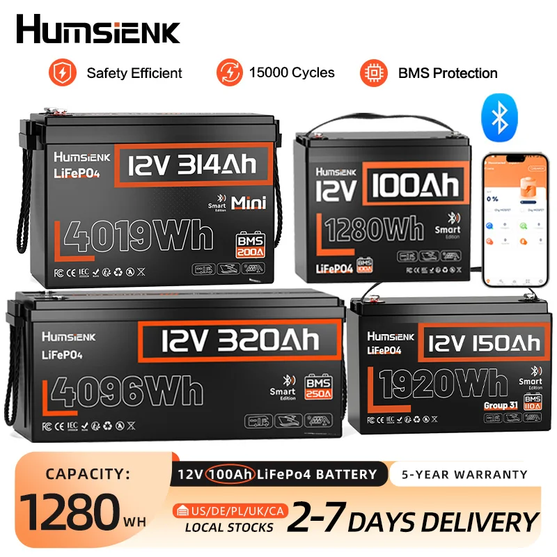 Humsienk 12V 100Ah 150Ah 320Ah 314Ah 640Ah LiFePO4 Rechargeable Lithium Battery - Image 1