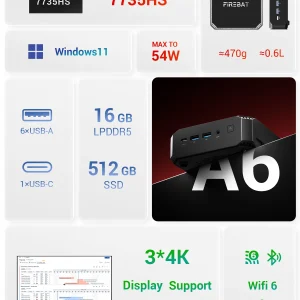 Firebat A6 Mini PC AMD R7 7735HS 8-core 16-thread Computer - Thumbnail Image 2